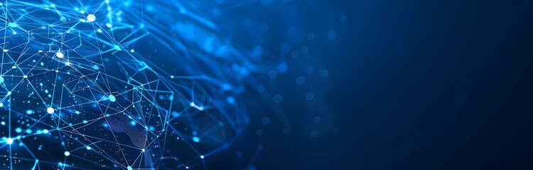 Poster - Abstract blue background with digital network connection dots and lines vector illustration, technology concept banner for business and internet