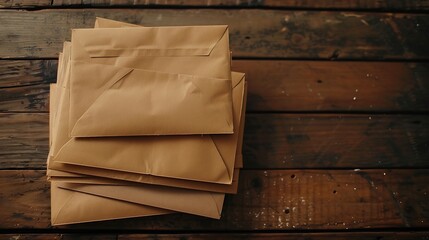 Aufkleber - Stacked brown envelopes on wooden background : Generative AI