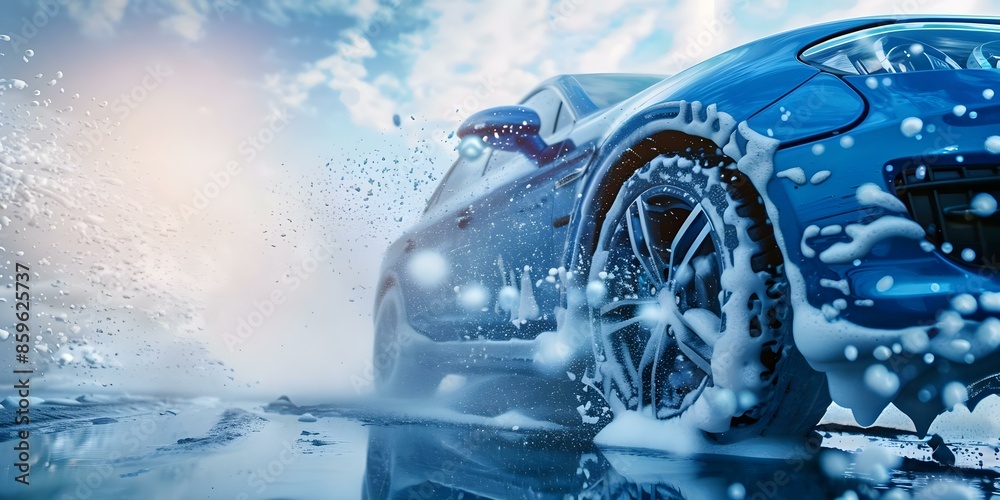 Car wash with foam soap on blue background in isolated image. Concept Car Wash, Foam Soap, Blue Background, Isolated Image