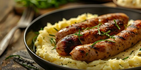 Wall Mural - Sausages and Mashed Potatoes A Classic Comfort Food Combination. Concept Comfort Food, Classic Dishes, Sausages, Mashed Potatoes, Delicious Pairings