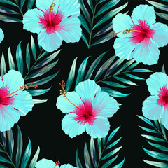 Wall Mural - Tropical pattern. Plumeria, monstera, paradise flower, palm leaf, paradise flower