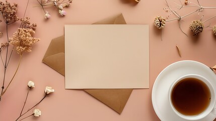 Poster - Kraft paper envelope with blank wedding invitation card mockup cup of coffee and dry flowers on beige background Flat lay top view : Generative AI
