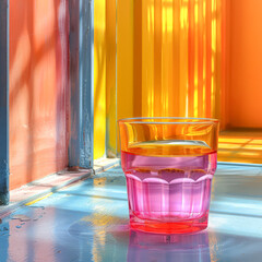 Wall Mural - A glass of pink and orange liquid sits on a countertop