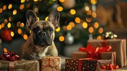 Wall Mural - French bulldog guarding Christmas presents under tree with festive lights