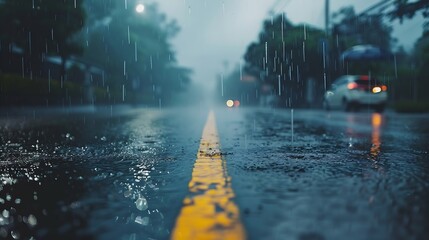 Poster - rain was falling on the roadway due to precipitation that was forming after depression hit Thailand causing heavy rain in some areas and flooding road surface Behind the scenes of heav : Generative AI