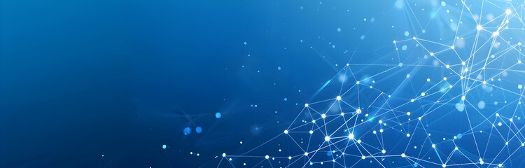 Poster - Blue background with white lines and dots forming the shape of an internet network, representing global connectivity in technology. Vector illustration