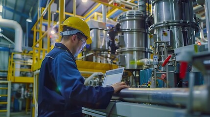 Fototapete - Industrial man engineer wear uniform and helmet using laptop are checking system machine at factory Workers industrial factory Machine maintenance technician operation concept : Generative AI