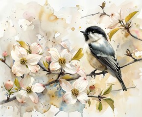 Wall Mural - Watercolor Bird on Dogwood Branch