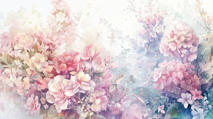 Wall Mural - Soft pastel floral arrangement of roses and hydrangeas. Various flower with colorful pastel watercolor style with white color. Springtime flowers concept for wallpaper, tile and greeting cards. AIG53F
