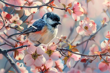 Watercolor Oreole Bird in Spring Blooms