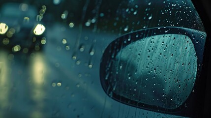 Poster - Rain shower on car windshield or car window and blurry road in background Driving in rainy season Rain drops on car mirror Traffic road in evening rain Drizzle raining decreases drivin : Generative AI