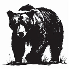 A black and white drawing of a bear on a white background