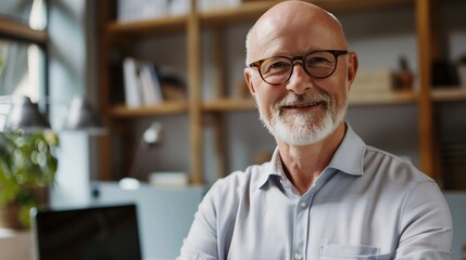 Poster - Portrait of confident businessman in business casual Happy middle aged mid adult mature age man smiling Entrepreneur in modern office : Generative AI