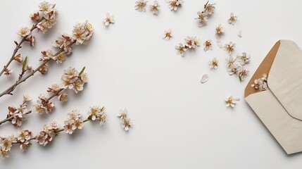Wall Mural - close up of opened craft paper envelope full of spring blossom sakura flowers on white background top view concept of love Flat lay : Generative AI
