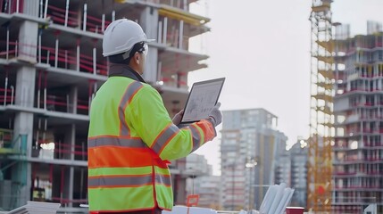 Poster - Foreman engineer or architect with safety helmet holding laptop and blueprints for inspection details on construction in a new real estate construction site with crane and mechanical e : Generative AI