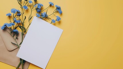 Poster - Mockup white greeting card and envelope with blue flowers and yellow background : Generative AI