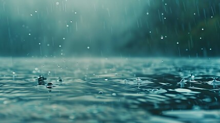 Poster - Rain drops in the water Aqua abstract background Rain drops on the surface of a lake : Generative AI