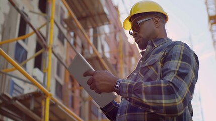 Aufkleber - Black man in construction tablet and architect working on floor plan inspection and maintenance job outdoor Check digital blueprint for architecture project design software and quality : Generative AI