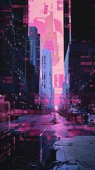 Wall Mural - Disrupted Digital Cityscape   Glitched Lattice Blocks Urban Landscape in Neon Hues