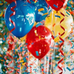 Wall Mural - Colorful Memorial Day celebration with balloons, streamers, and flags.