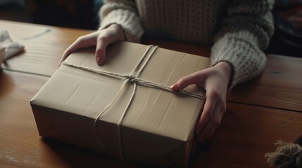 Aufkleber - Girls hands holding the package on the table : Generative AI