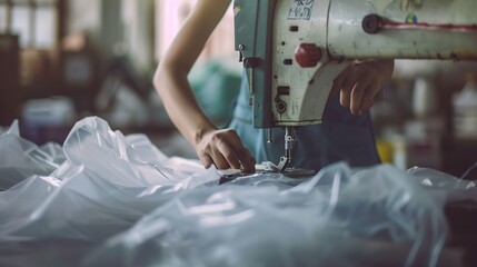 Aufkleber - Female worker operating sewing machine for plastic bags production : Generative AI