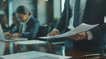 Leinwandbilder - Female business worker with colleagues in Thailand working together at office desk Female office worker business suit working with document file and paper work : Generative AI
