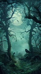 Wall Mural - Eerie Forest Border with Twisted Trees and Howling Wolves