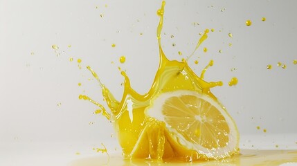Poster - Half lemon falling into a crown shaped yellow juice splash isolated on white background : Generative AI