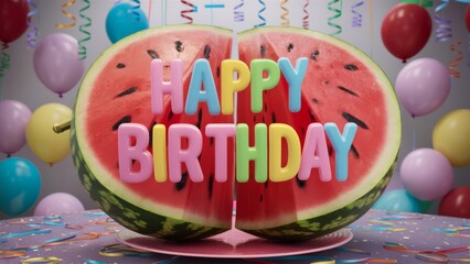 Wall Mural - A slice of watermelon with a happy birthday sign on it, AI