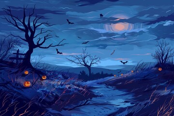 Wall Mural - Eerie Halloween Landscape Illustration