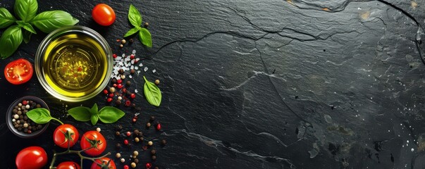 Wall Mural - A black background with a variety of spices and tomatoes. The spices include pepper, salt, and chili flakes. The tomatoes are arranged in a circle, with some of them being sliced. 