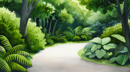 Wall Mural - A serene nature trail winding through lush, green forest vegetation, perfect for summer hiking and outdoor relaxation