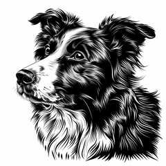 A black and white drawing of a Border Collie dog