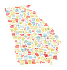 Poster - Georgia Word Cloud. State shape with county division. Georgia typography style image. County names tag clouds. Vector illustration.