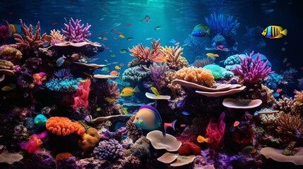 A colorful underwater scene with coral reefs and fish