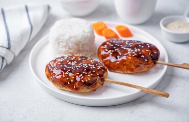 Wall Mural - Tsukune, Japanese Chicken Meatball in teriyaki sauce with sesame seeds sprinkles with rice and vegetables in a plate