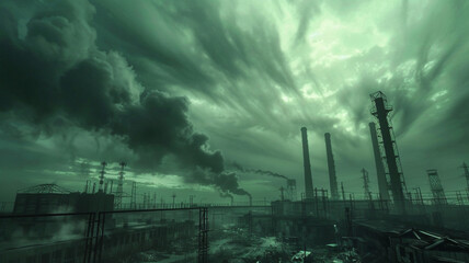 An industrial landscape with smoky chimneys, dark clouds and a gray-green palette emphasizing atmospheric pollution and a gloomy mood suitable for a discussion of ecology and industrialization.