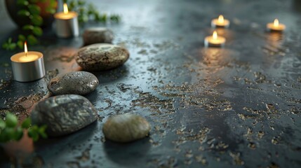 Canvas Print - Elegant display of spa stones and candles on a dark surface