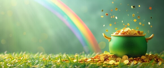 Wall Mural - A pot of gold and rainbow on a green background for St. Patrick's Day