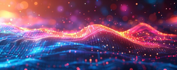 Wall Mural - Abstract background with colorful glowing data waves and connection lines on a dark blue gradient
