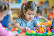 © Sunday Cat Studio - Young girl playing with colorful interlocking toys in a classroom setting, engaging in early childhood education and creative development activities.