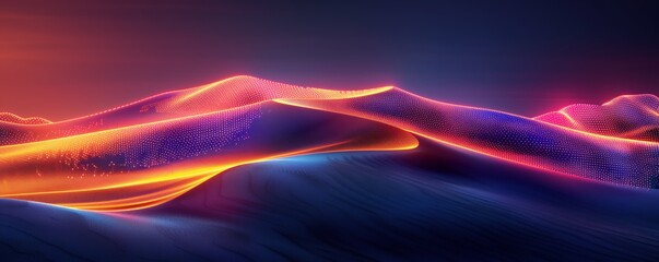 Wall Mural - Abstract data visualization background with a colorful gradient and glowing dots on a dark blue wave landscape, resembling a business chart