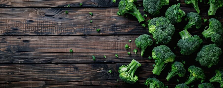 A close up of many pieces of broccoli on a black background. The broccoli is fresh and green, and the image conveys a sense of health and vitality
