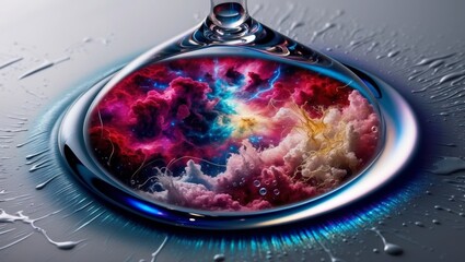 Wall Mural - A close-up photo of a glass of water revealing a colorful galaxy