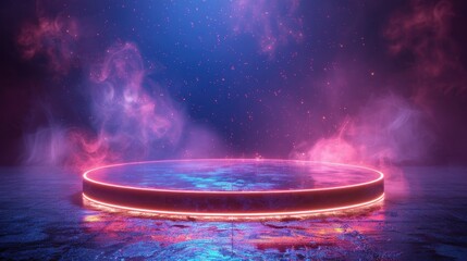 Wall Mural - A luminous, circular neon platform with a starry backdrop and swirling, colorful fog, creates a mystical and futuristic atmosphere in the digital space.