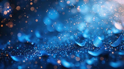Wall Mural - An ethereal display of blue sparkling particles intermingled with delicate falling petals, set against a light-filled bokeh background, creating a tranquil, dreamlike atmosphere.