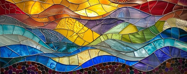 Wall Mural - Colorful stained glass mosaic with wavy patterns