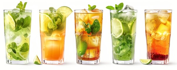 Wall Mural - Set of glasses with different types of mojitos and iced tea on a white background