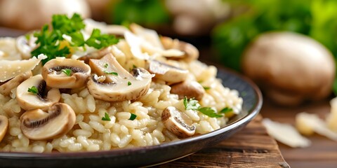 Wall Mural - Savory mushroom risotto topped with Parmesan cheese on a rustic wooden table. Concept Food Photography, Italian Cuisine, Rustic Setting, Mushroom Recipe, Parmesan Cheese